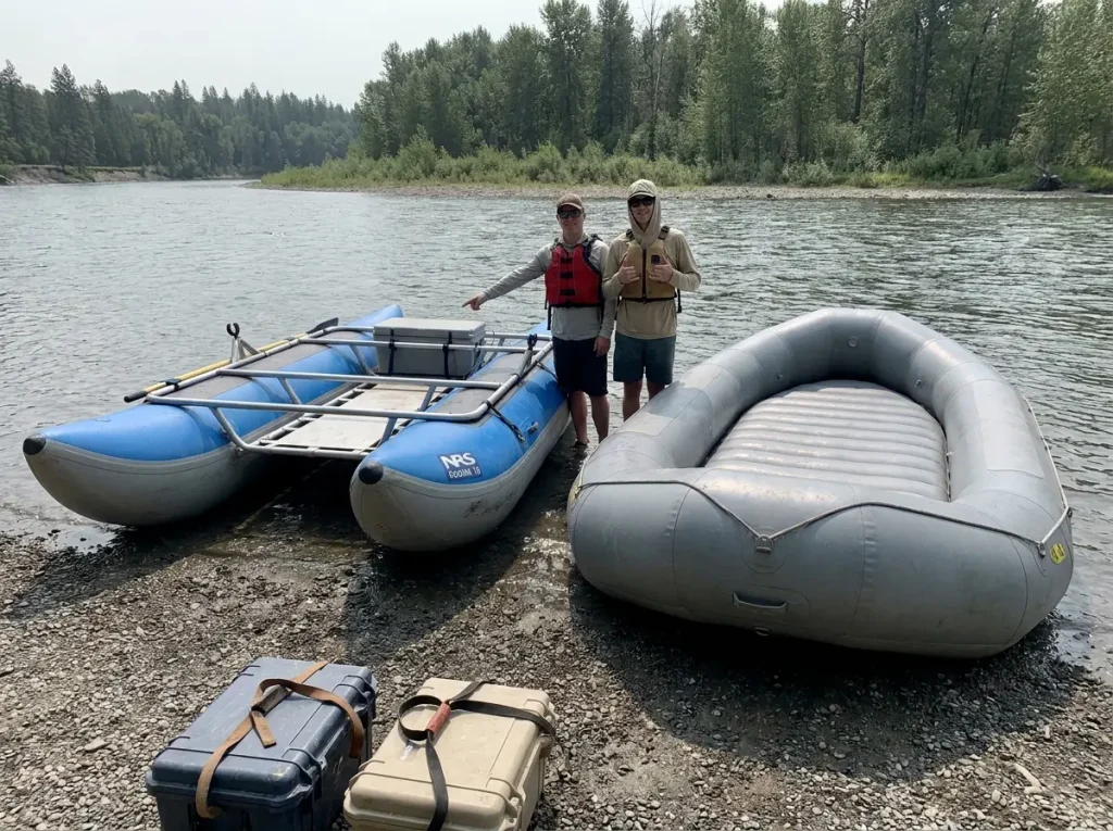 An NRS cataraft and a round self-bailing raft beached side by side at a river put-in