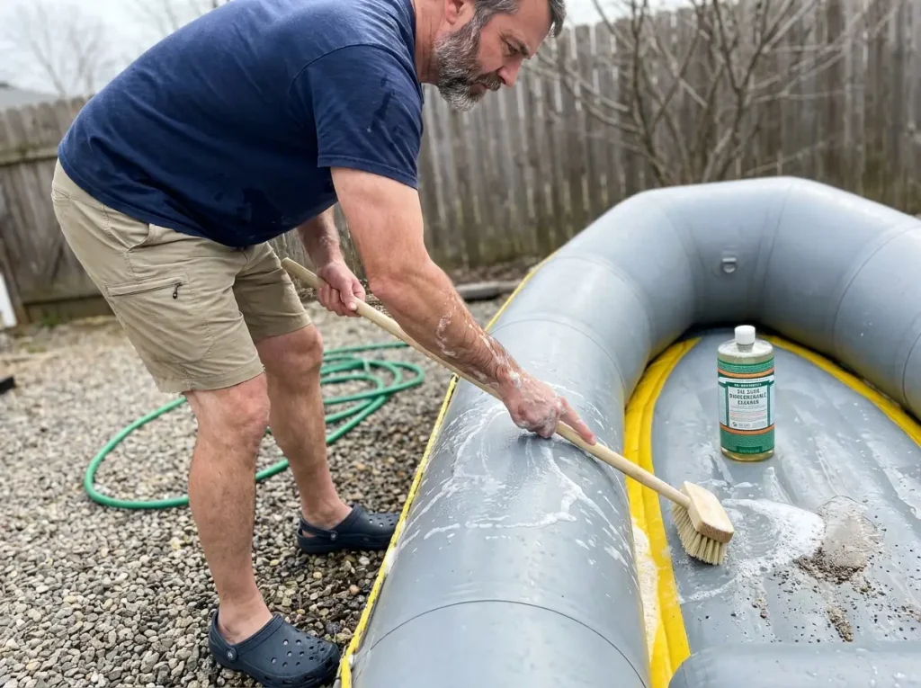 Scrubbing a whitewater raft tube section by section with a soft brush and mild soap