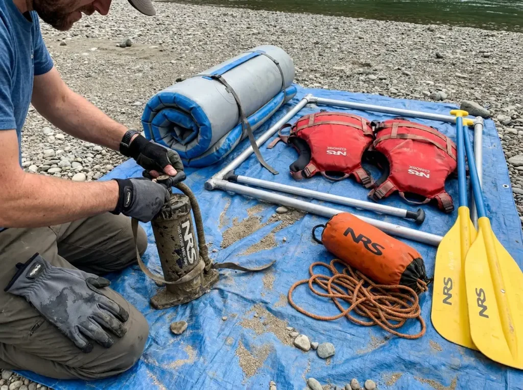 Complete whitewater raft rig laid out — pump, PFDs, throw bag and paddles beyond the beginner raft itself
