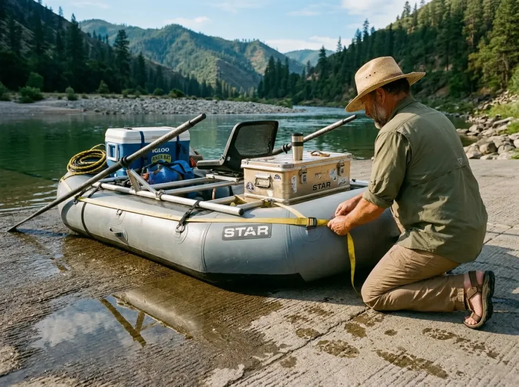 A fully rigged STAR raft with frame, oars and dry box staged at a put-in showing a complete setup
