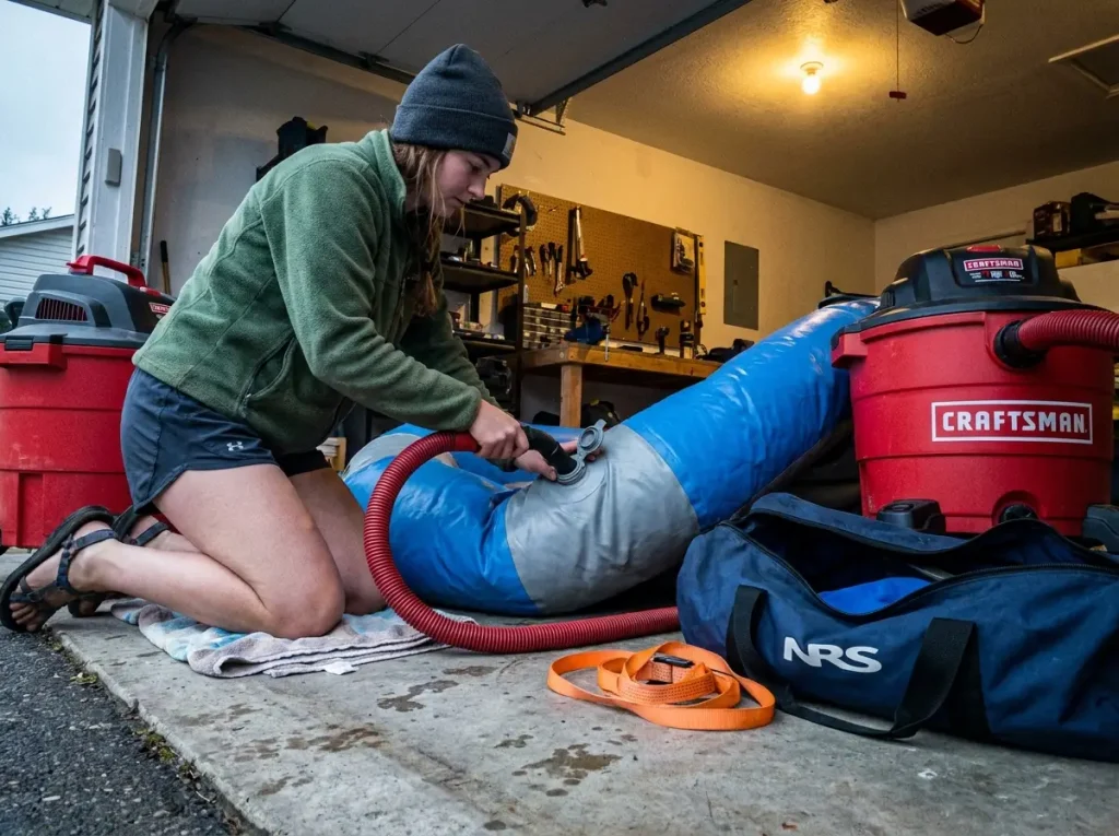 Using a shop vac to deflate a whitewater raft for a loose roll into a boat bag