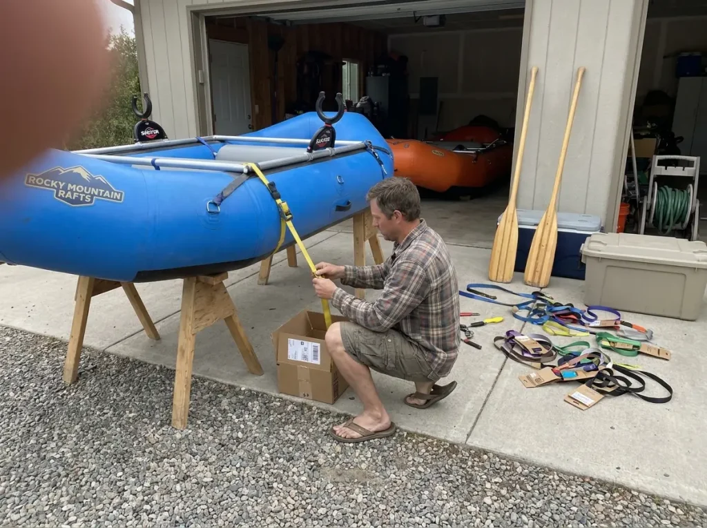 A first oar rig being assembled in a driveway with frame, oarlocks, dry boxes and straps