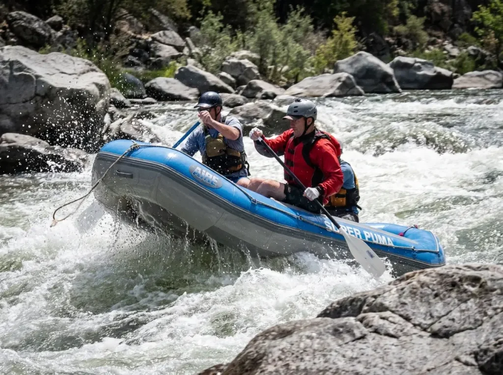 AIRE Super Puma beginner whitewater raft recovering from a sideways hit in a Class III rapid