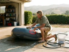 5 Storage Mistakes That Ruin a Whitewater Raft Boater cleaning a whitewater raft in a driveway before off-season storage