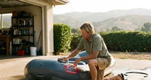 5 Storage Mistakes That Ruin a Whitewater Raft Boater cleaning a whitewater raft in a driveway before off-season storage