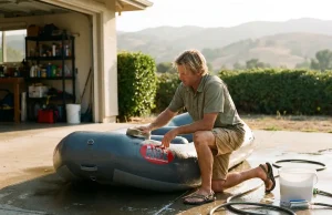 5 Storage Mistakes That Ruin a Whitewater Raft Boater cleaning a whitewater raft in a driveway before off-season storage