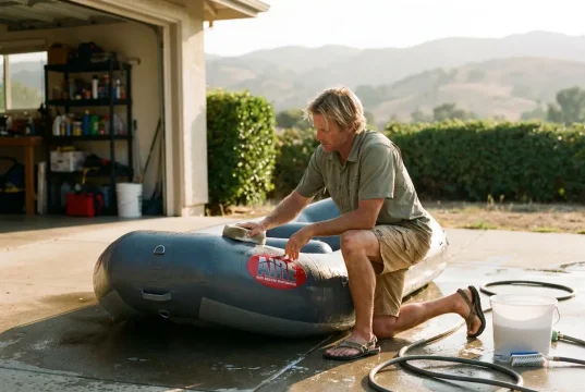 5 Storage Mistakes That Ruin a Whitewater Raft Boater cleaning a whitewater raft in a driveway before off-season storage