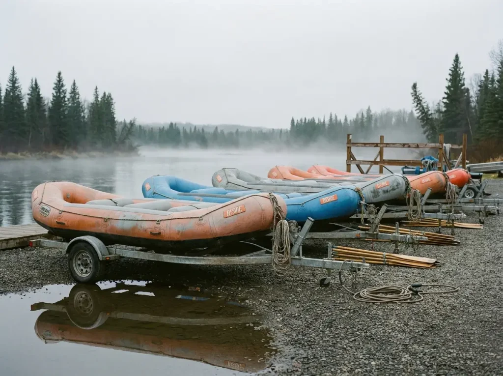 Sun-faded Hyside Hypalon whitewater rafts lined up in an outfitter boat yard