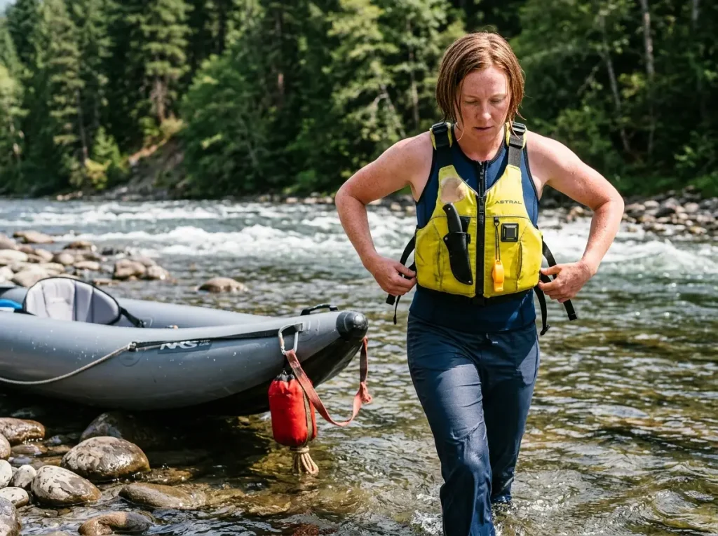 River paddler wearing a foam Type III PFD with a throw bag clipped to an inflatable kayak