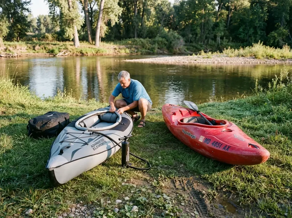 Inflatable kayak and a hardshell kayak resting side by side on a calm riverbank