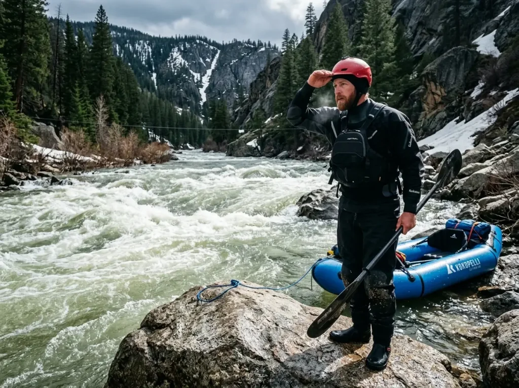 Paddler in cold-water gear scouting a snowmelt river from a rock before launching an inflatable kayak