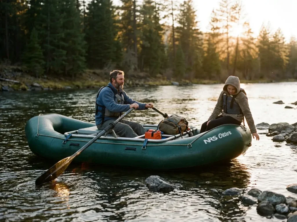 Right-sized NRS Otter whitewater raft with a small crew at a takeout eddy