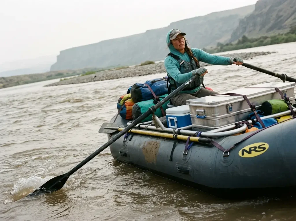 Single rower on a loaded oar raft frame with dry boxes on a big-water river