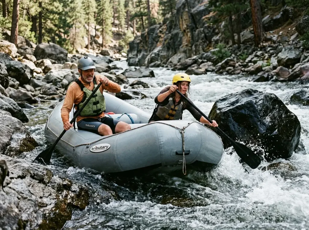 Two paddlers struggling to turn an oversized raft in a tight technical rapid