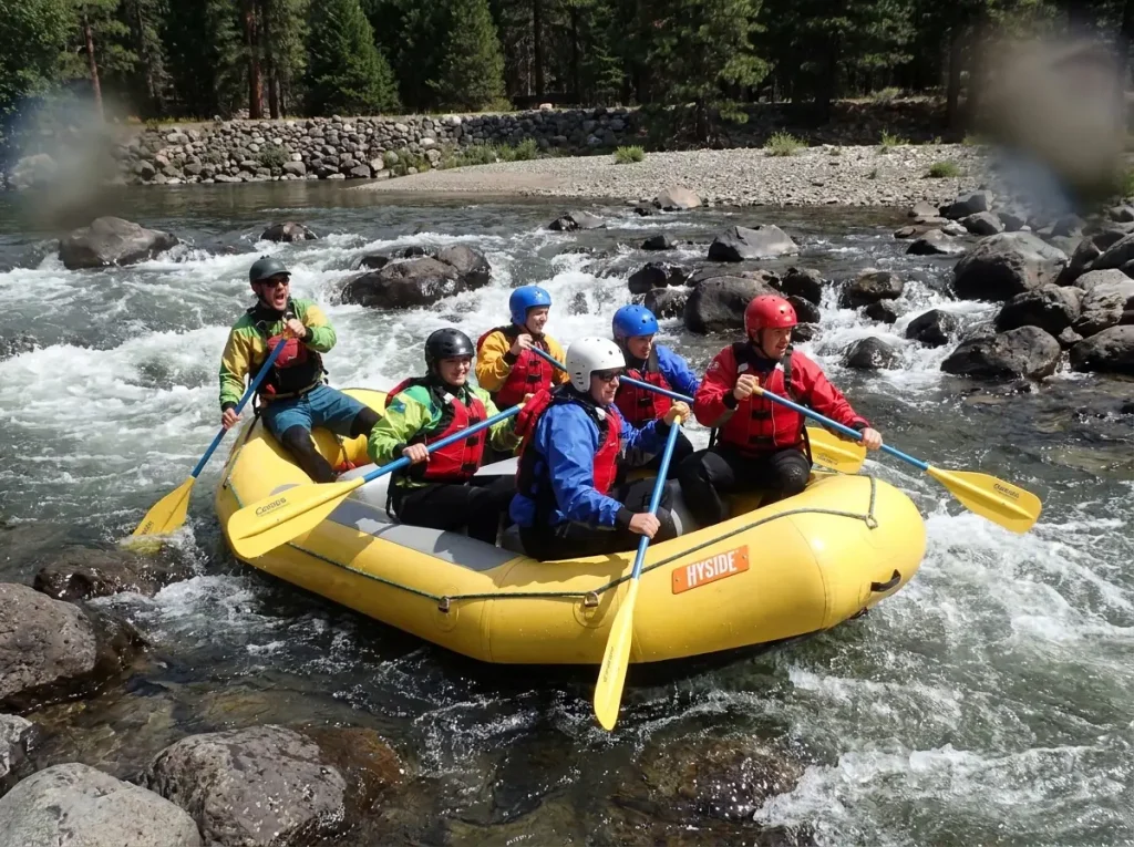Paddle raft crew paddling on command through a technical low-volume rapid
