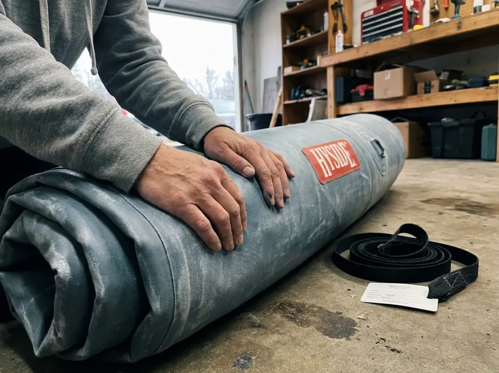 Hands feeling raft tube material to tell Hypalon from PVC before storage