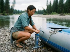 12V vs Hand Raft Pumps Which Hits Pressure River runner topping off a raft tube with a K-Pump K-200 hand pump at a put-in