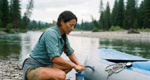 12V vs Hand Raft Pumps Which Hits Pressure River runner topping off a raft tube with a K-Pump K-200 hand pump at a put-in