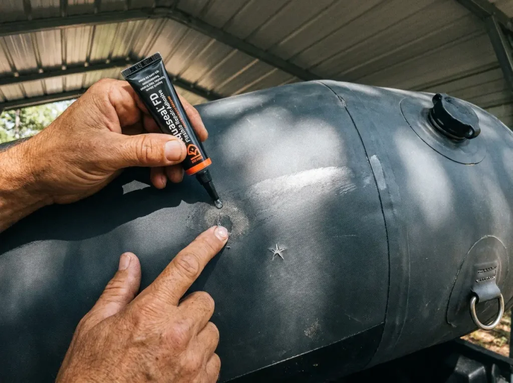 Inspecting a raft tube for abrasion and patching it with repair adhesive before storage