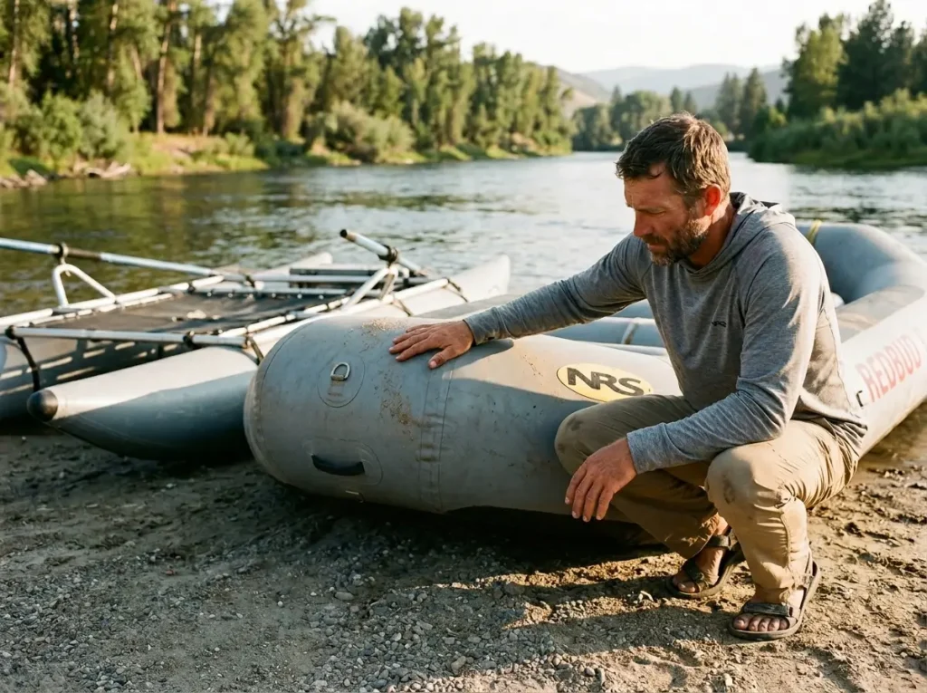 Close inspection of a raft tube diameter and round raft versus cataraft on the bank