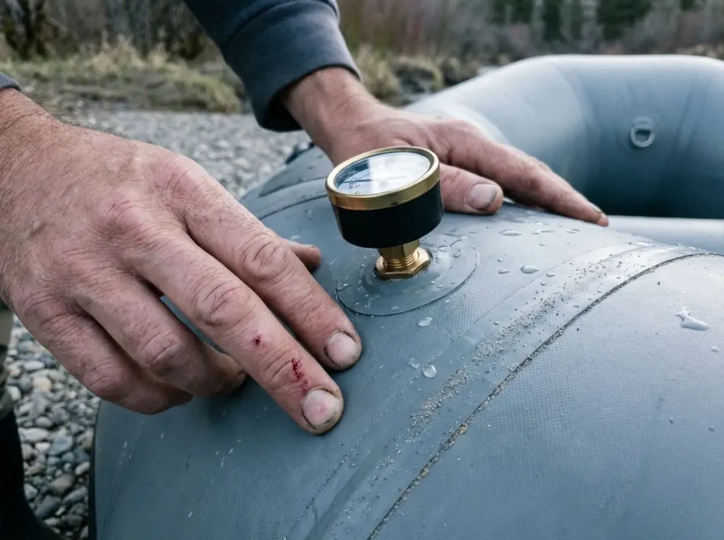 Hands pressing a raft tube next to a screw-in pressure gauge to check inflation