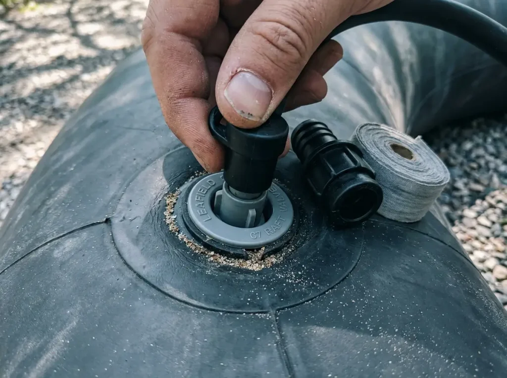 Close-up of a pump adapter twisting onto a Leafield raft valve at the put-in