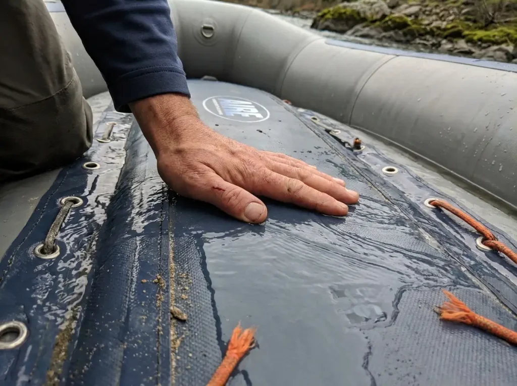Hand pressing the rigid self-bailing floor of an AIRE Tributary whitewater raft as water drains out