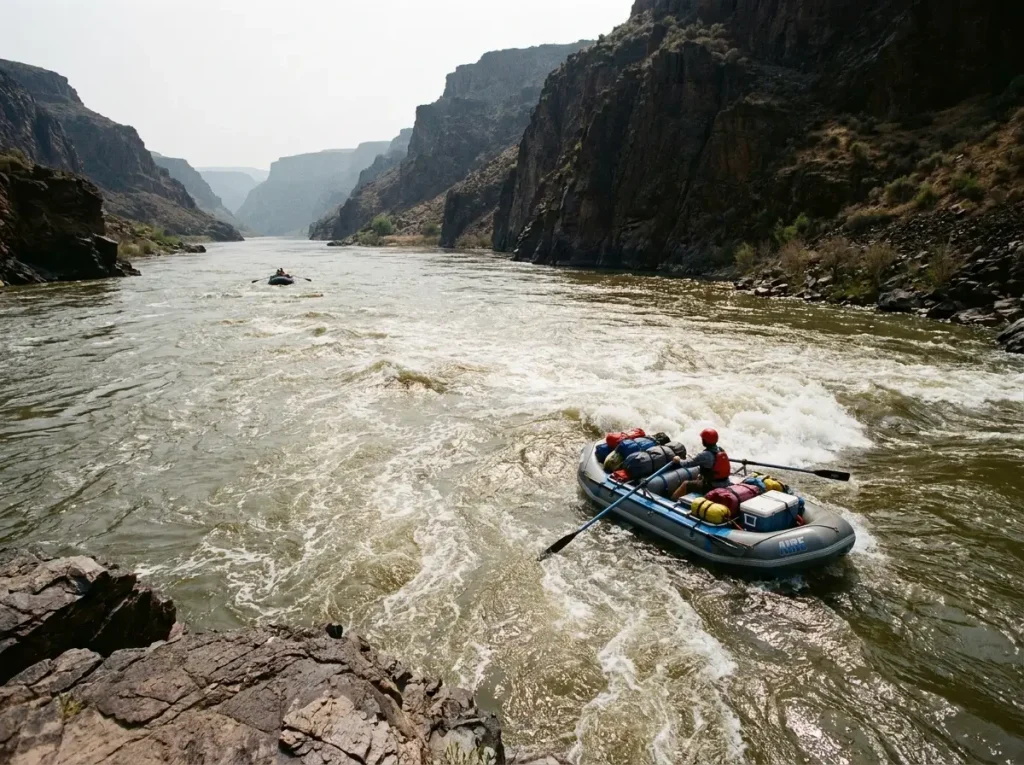 Loaded self-bailing raft running big high-volume water on a multi-day river trip