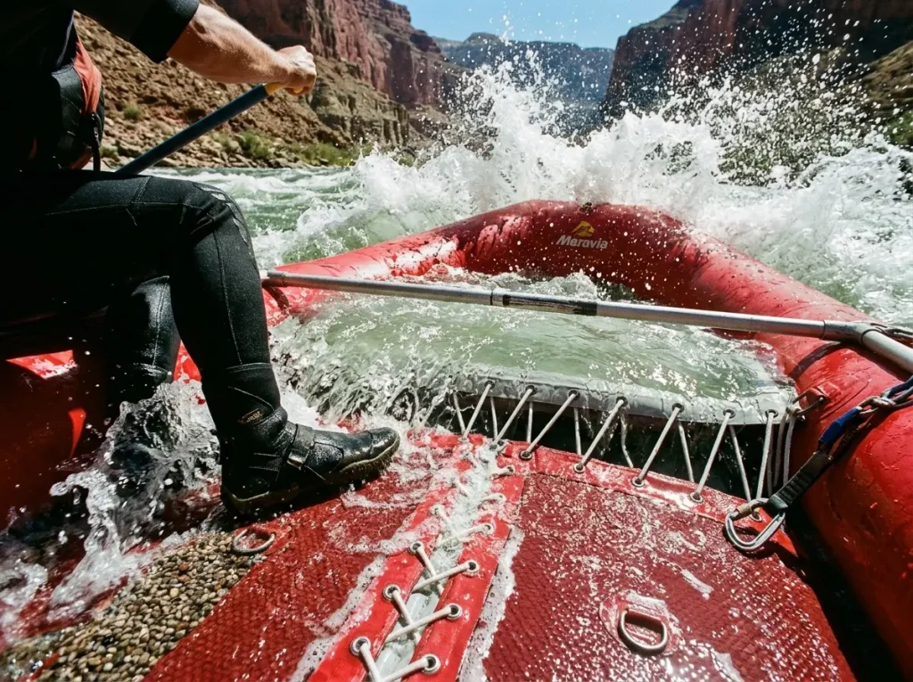 Water draining through the self-bailing floor of a Maravia raft as it punches through a wave