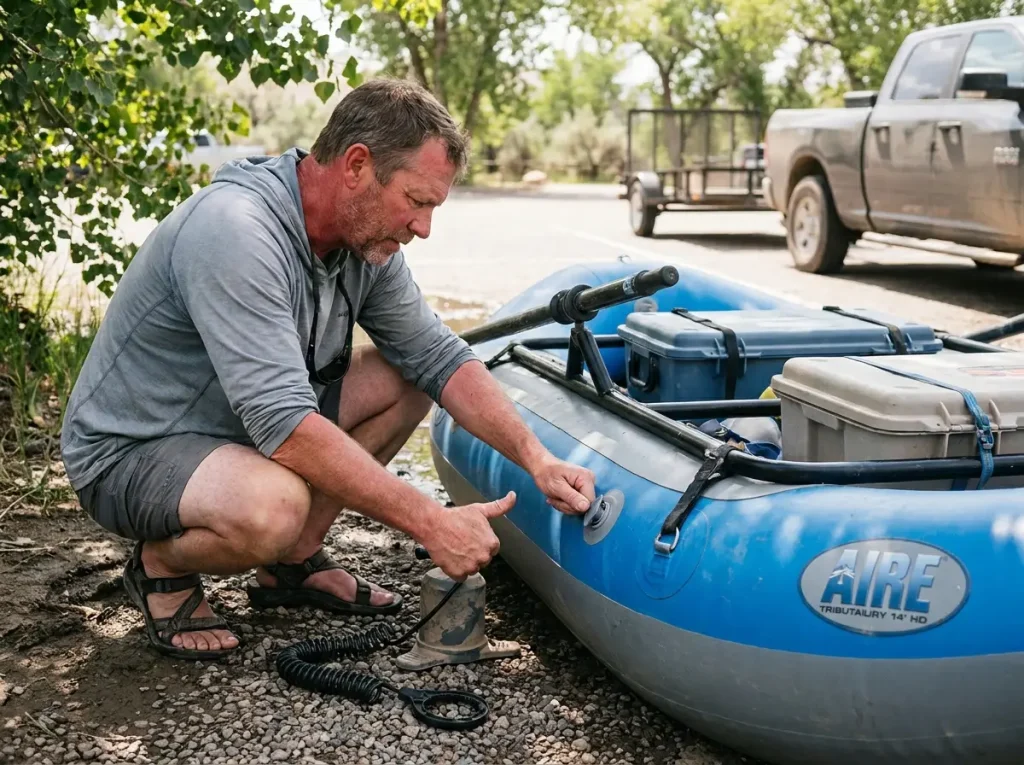 Private boater pressing the floor of a rigged self-bailing raft to check inflation pressure