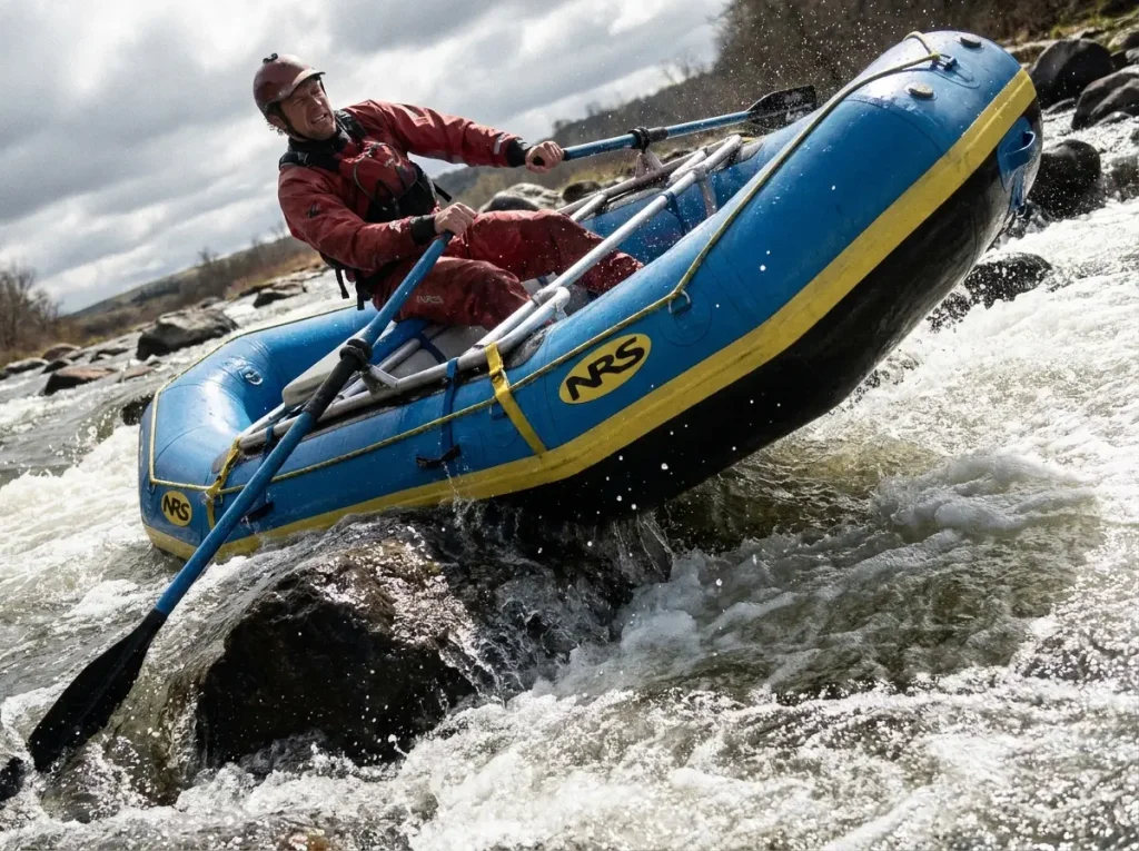 Self-bailing raft carving through whitewater, floating high and shedding water off the tubes