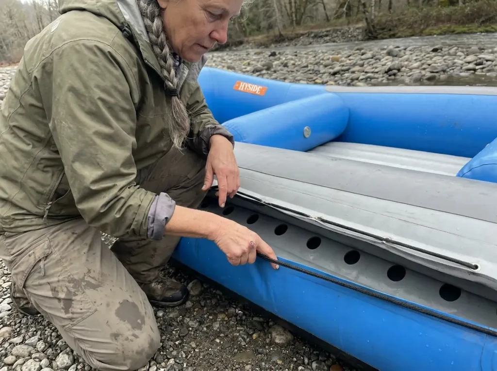 Rafter pointing to the laced drain holes along a self-bailing raft floor at the put-in