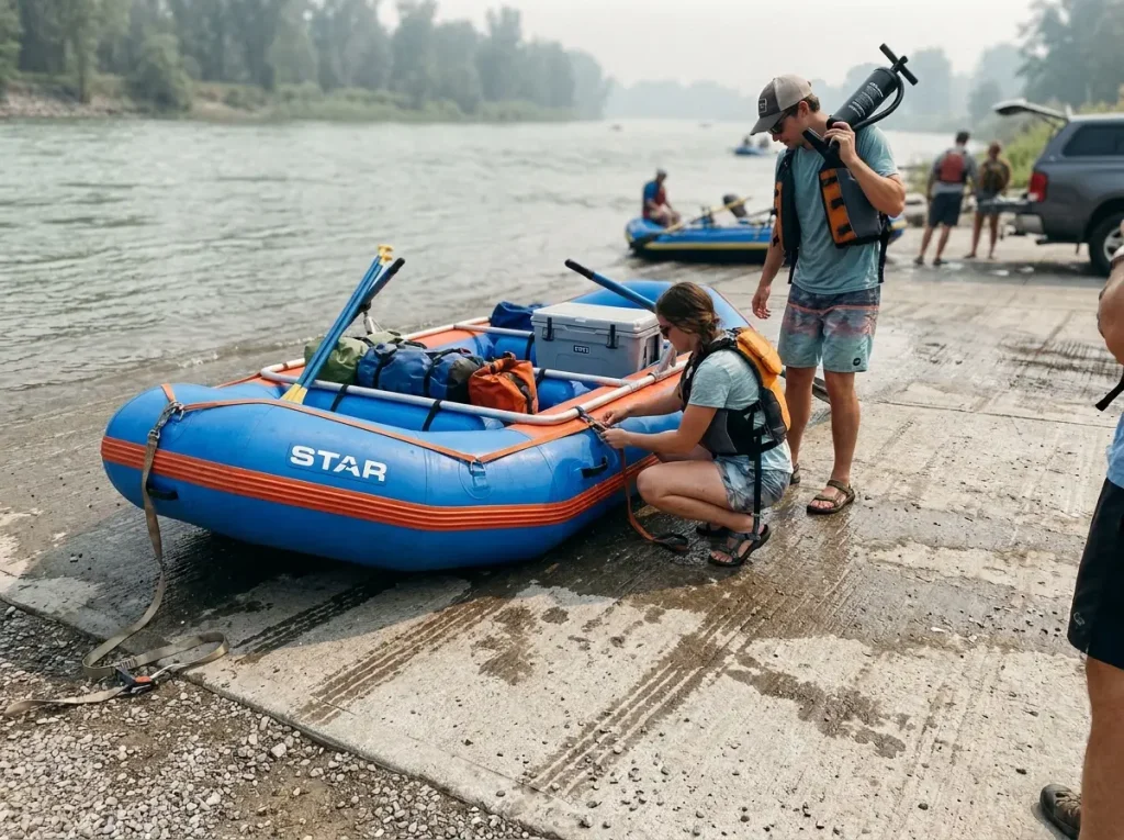 Star High Five budget whitewater raft being loaded at a busy boat ramp