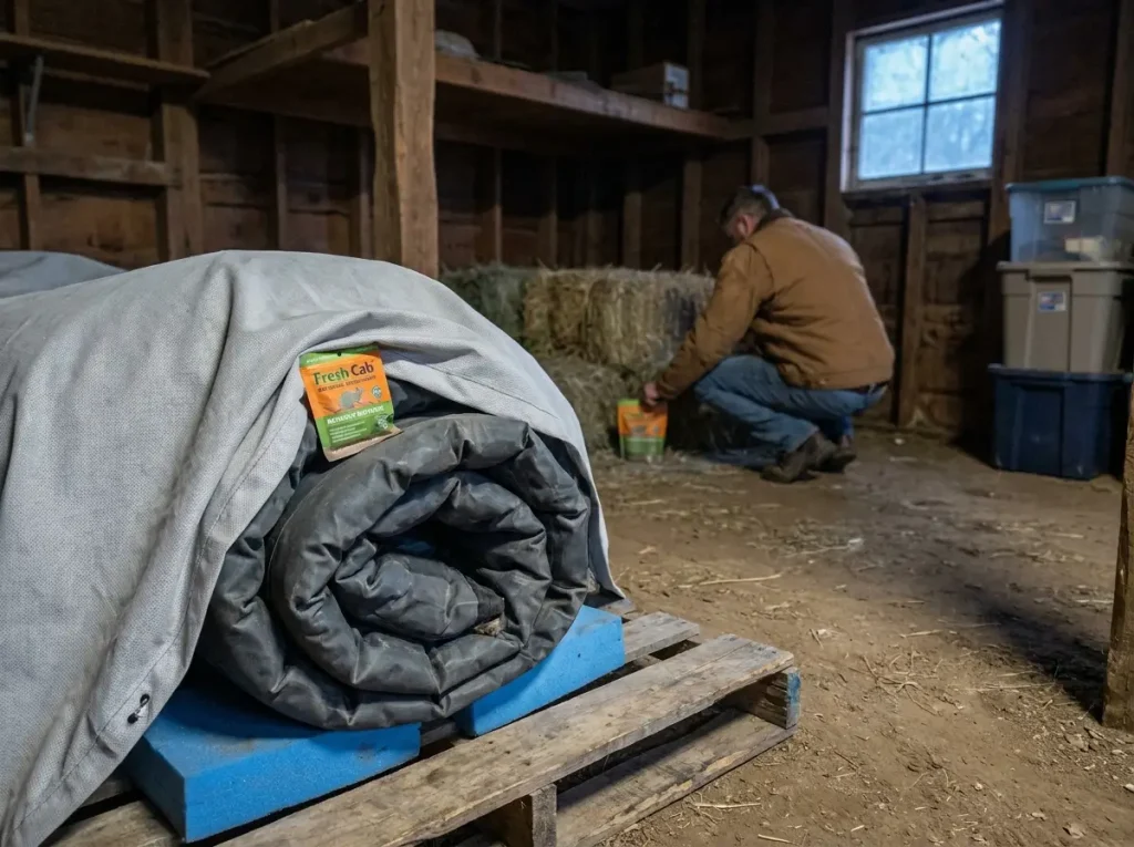 Whitewater raft stored off the ground on foam blocks with a breathable cover and rodent repellent