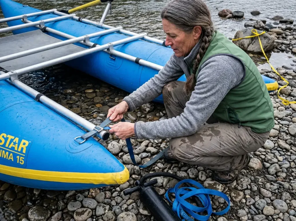 Star Kima cataraft being rigged on a gravel bar showing twin tubes, metal frame and no floor