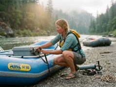 4 Whitewater Raft Brands Compared One Honest Verdict Boater rigging an AIRE Tributary whitewater raft at a misty river put-in