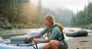4 Whitewater Raft Brands Compared One Honest Verdict Boater rigging an AIRE Tributary whitewater raft at a misty river put-in