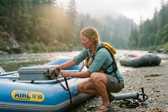 4 Whitewater Raft Brands Compared One Honest Verdict Boater rigging an AIRE Tributary whitewater raft at a misty river put-in