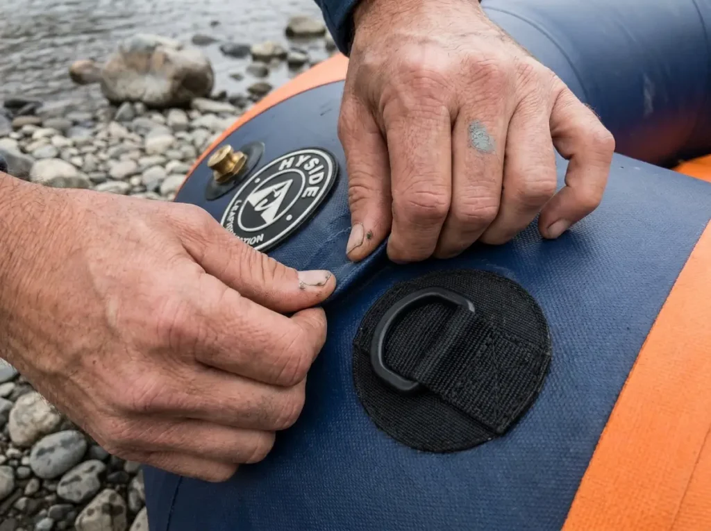 Hands testing the Hypalon tube of a Hyside whitewater raft to compare raft brands