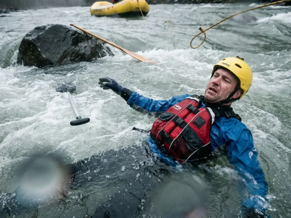 A swimmer in a high-float Type V PFD self-rescuing feet-first in cold whitewater