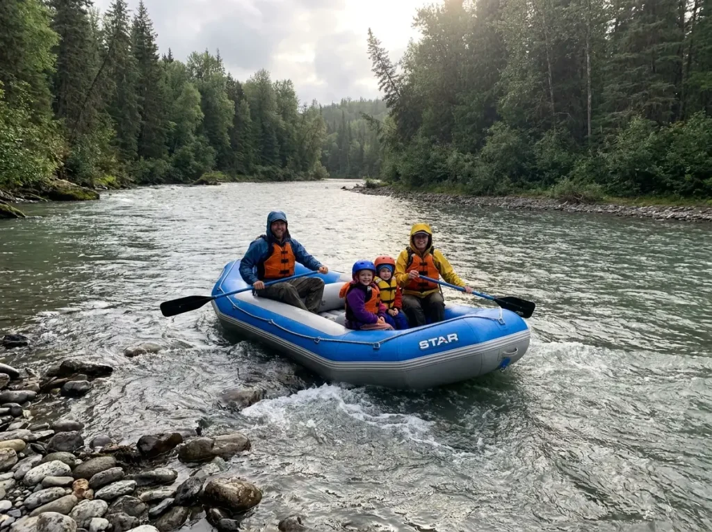A family of four paddling a round self-bailing raft on an easy green river, the safer first boat