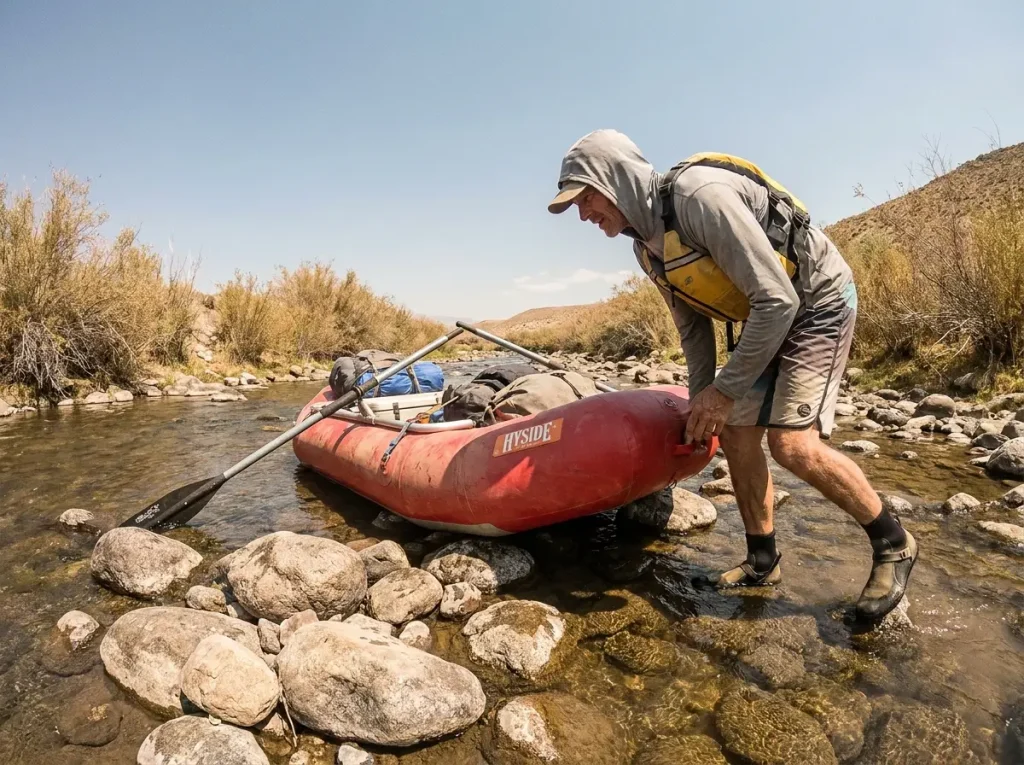 An oversized oar frame stuck on a shallow bony creek showing the wrong rig for the water