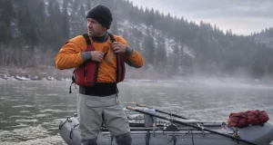 Best Drysuits for Rafting or Rent One First Rafter in a drysuit at a cold-water put-in checking gear before launch on a spring morning