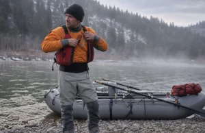 Best Drysuits for Rafting or Rent One First Rafter in a drysuit at a cold-water put-in checking gear before launch on a spring morning