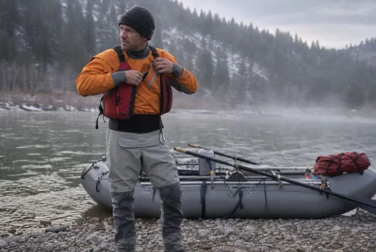 Best Drysuits for Rafting or Rent One First Rafter in a drysuit at a cold-water put-in checking gear before launch on a spring morning