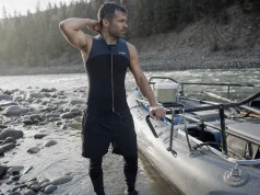 Best Wetsuits for Whitewater Rafting Not Dive Suits Rafter in a 3mm Farmer John wetsuit rigging an oar frame on a cold spring river at dawn