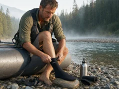 Why Loose Neoprene Socks Freeze Your Feet Rafter pulling neoprene socks on at a cold river put-in in early morning light