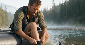 Why Loose Neoprene Socks Freeze Your Feet Rafter pulling neoprene socks on at a cold river put-in in early morning light