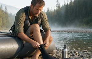 Why Loose Neoprene Socks Freeze Your Feet Rafter pulling neoprene socks on at a cold river put-in in early morning light