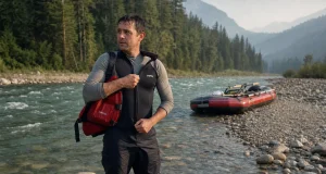 What to Wear Rafting Summer vs Spring Runoff Rafter in a wetsuit at a cold snowmelt put-in on a warm summer morning